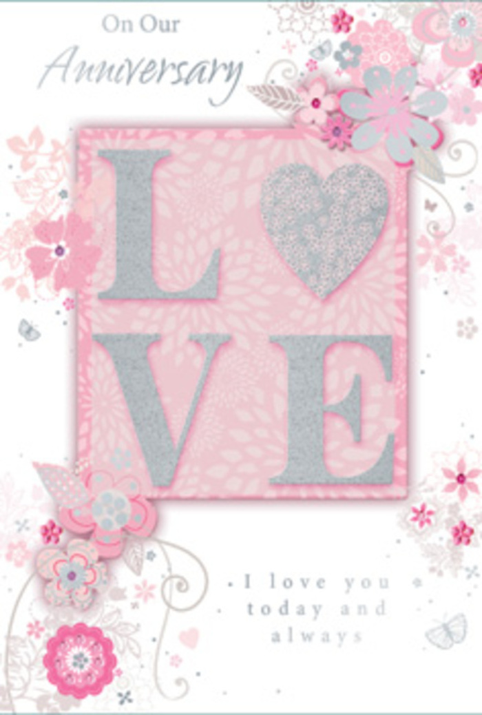 This tender anniversary card feels like a moment of stillness in the middle of Blackheath, where soft light, open sky, and quiet affection meet. At the heart of the design sits the word LOVE, spelled out in generously sized, raised letters that invite the hand to explore every contour. The letters are filled with a luminous, pearly white and edged with a fine dusting of silver glitter, so that each stroke shimmers subtly when the card is tilted. The glitter is delicate rather than bold, creating a refined sparkle that complements the overall softness of the piece. The background is a gentle blush pink, smooth and even, like a wash of colour brushed lightly across textured paper. Encircling and framing the central word, lovely stylised flowers bloom in loose clusters, drifting across corners and edges as if they have settled there naturally. Their petals are tinted in blush and powder pinks, soft lilacs, and creamy whites, each blossom rendered with fine outline work and subtle shading that gives them depth without overwhelming the eye. Thin stems, looping vines, and tiny leaves in muted grey and pale silver link the flowers together, echoing the flowing lines a florist might draw when designing a romantic bouquet for an anniversary delivery around Blackheath Village or the heath itself. Gentle curls and flourishes weave through the empty spaces, keeping the card feeling balanced and airy. Scattered among the florals, elegant script conveys heartfelt anniversary wishes-words of gratitude, devotion, and enduring love. The typography is graceful, with sweeping ascenders and descenders that echo the curves of the illustrated vines. The entire card has the feel of a lovingly tied bouquet translated into paper form, making it a beautifully understated keepsake for celebrating long-lasting love in Blackheath.