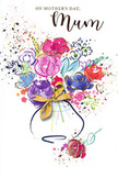 This Mother's Day card design looks like a joyful bouquet captured in watercolour, as if painted after a stroll through Blackheath's leafy streets in early spring. A central vase, drawn with soft, rounded lines, holds an abundant spray of flowers rendered in lively cerise, hot pink, and rosy blush tones, each petal edged or suggested with fluid indigo strokes. Cool blues and gentle lavenders weave among the brighter hues, adding a soothing balance that brings calm to the otherwise exuberant display. Along some of the petals and leaves, fine golden accents glimmer, evoking the way evening light touches the tops of trees around Blackheath Common. The background is mostly a clean, crisp white, giving the impression that the blooms are floating in open space, free to move and breathe. Around the main bouquet, tiny hearts and light splatters of paint scatter outward, like confetti or petals caught by a soft SE3 breeze, reinforcing the joyful, celebratory nature of the card. The vase appears to be tied with a hint of a golden bow, grounding all the swirling colour above with a subtle nod to careful wrapping and presentation. Overall, the composition feels like a handwritten message of love translated into colour, perfect for sending to a mum in Blackheath as a companion to a fresh floral delivery, capturing the warmth, gratitude, and shared memories that make Mother's Day so special in this village-like corner of London.
